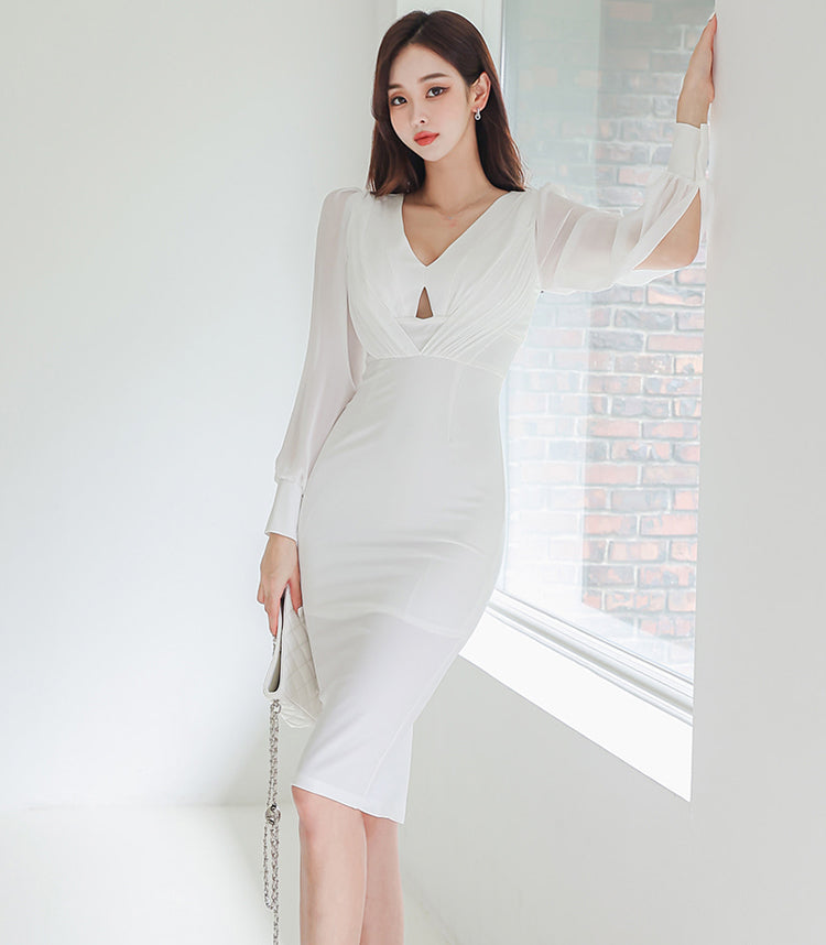 CM-DY082152 Women Elegant Seoul Style V-Neck Long Sleeve Slim Dress (Available in 2 colors)
