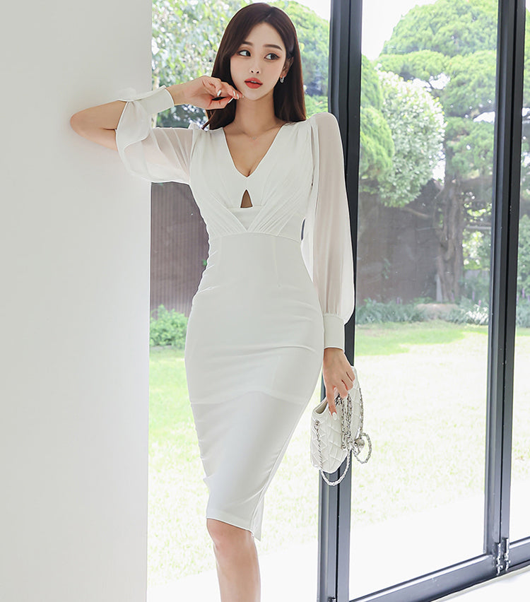 CM-DY082152 Women Elegant Seoul Style V-Neck Long Sleeve Slim Dress (Available in 2 colors)