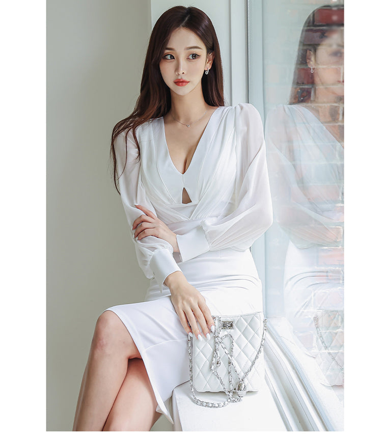 CM-DY082152 Women Elegant Seoul Style V-Neck Long Sleeve Slim Dress (Available in 2 colors)