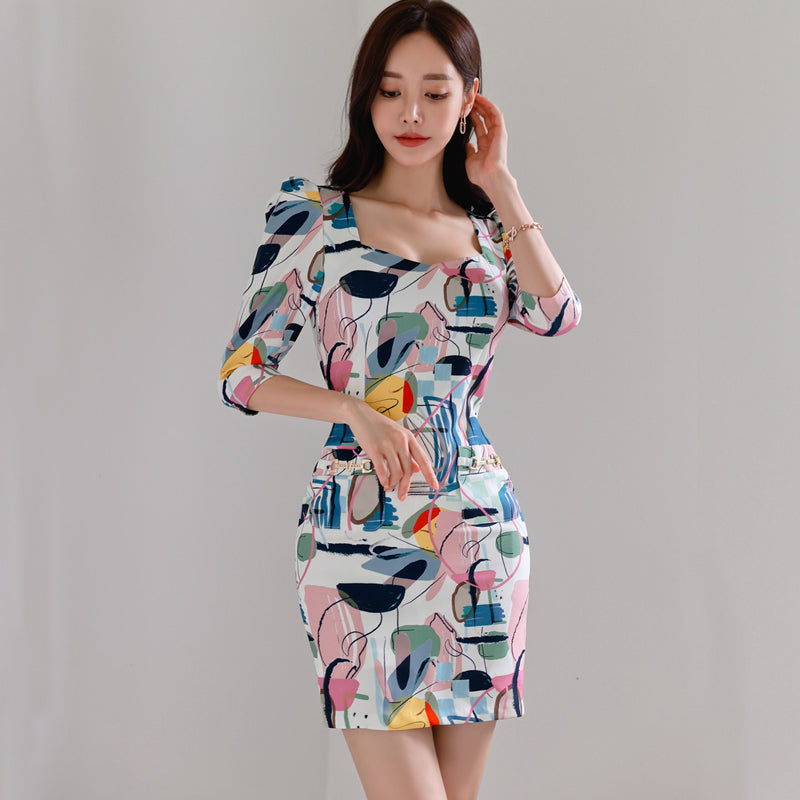CM-DY082153 Women Casual Seoul Style Square Collar 3/4 Sleeve Mini Dress