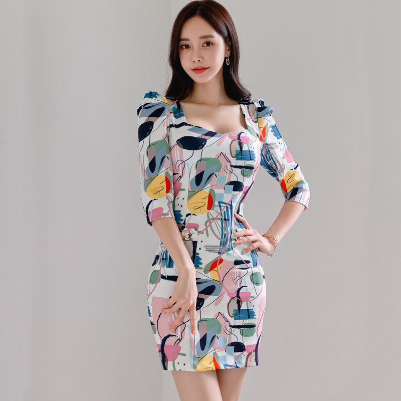 CM-DY082153 Women Casual Seoul Style Square Collar 3/4 Sleeve Mini Dress