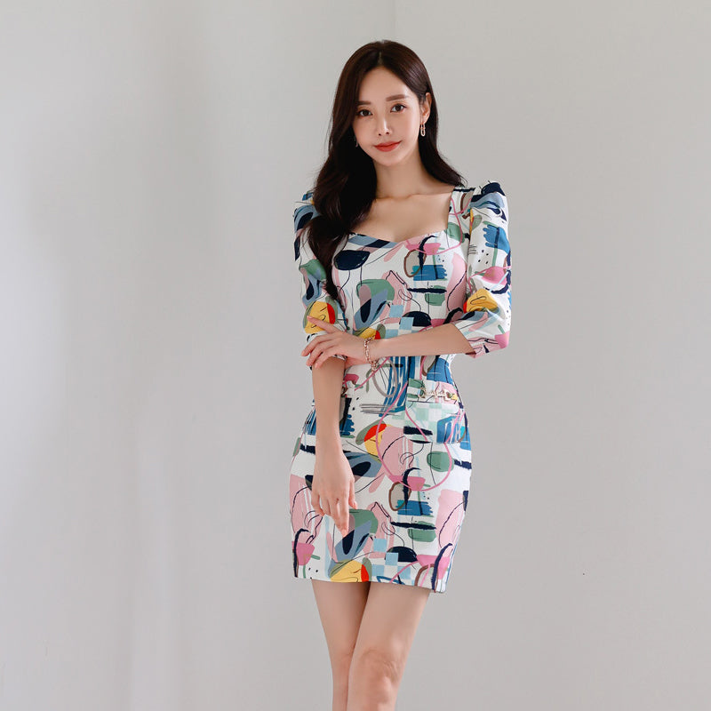 CM-DY082153 Women Casual Seoul Style Square Collar 3/4 Sleeve Mini Dress