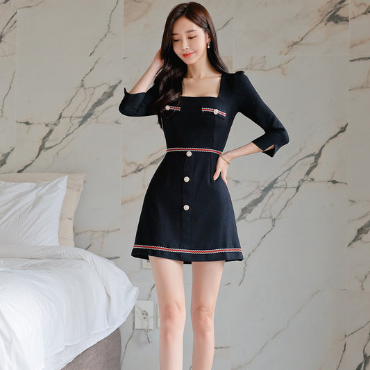 CM-DY082156 Women Casual Seoul Style Square Collar 3/4 Sleeve Slim Dress - Navy Blue