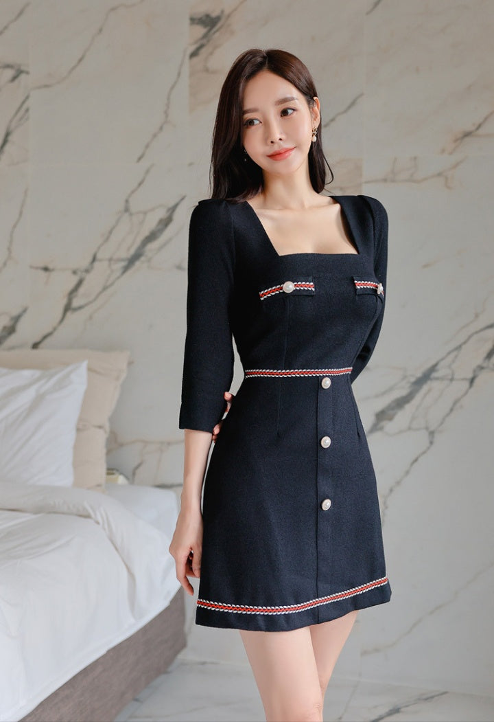 CM-DY082156 Women Casual Seoul Style Square Collar 3/4 Sleeve Slim Dress - Navy Blue