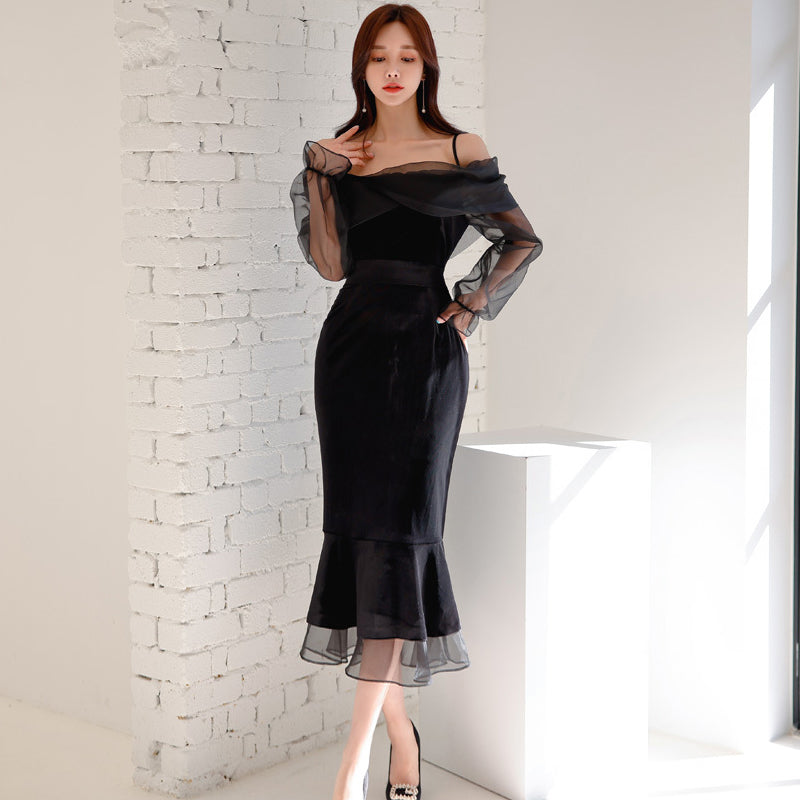 CM-DY082159 Women Elegant Seoul Style Off Shoulder Neckline Long Sleeve Dress - Black