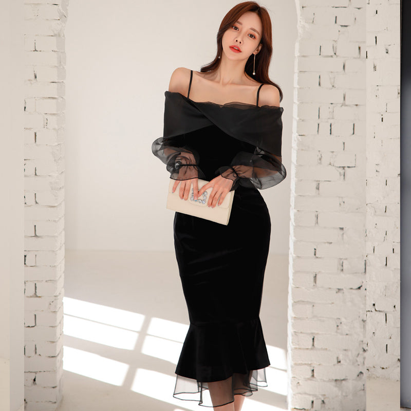 CM-DY082159 Women Elegant Seoul Style Off Shoulder Neckline Long Sleeve Dress - Black