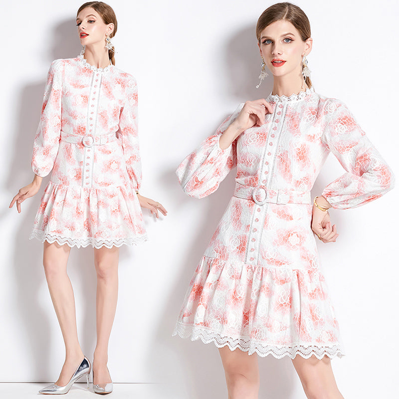 CM-DY082162 Women Retro European Style Pinched Waist Hollow A-Line Mini Dress