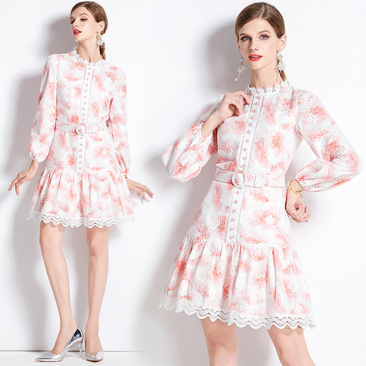 CM-DY082162 Women Retro European Style Pinched Waist Hollow A-Line Mini Dress