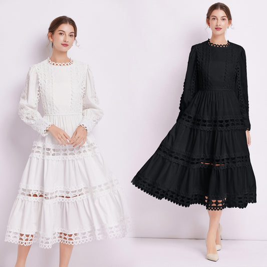 CM-DY082278 Women Elegant European Style Lace Long Sleeve Pinched Waist Dress (Available in 2 colors)