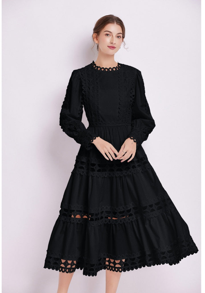 CM-DY082278 Women Elegant European Style Lace Long Sleeve Pinched Waist Dress (Available in 2 colors)