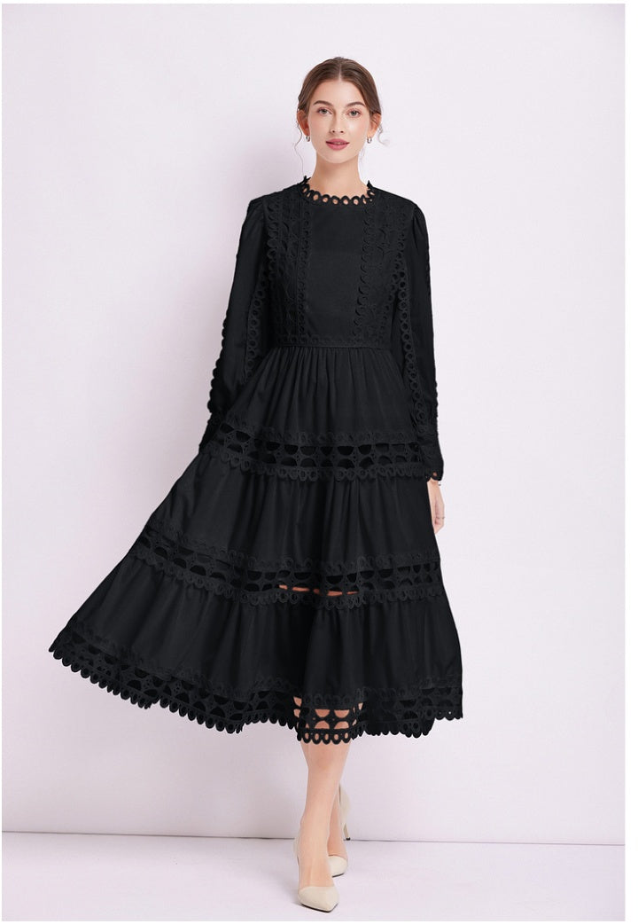 CM-DY082278 Women Elegant European Style Lace Long Sleeve Pinched Waist Dress (Available in 2 colors)