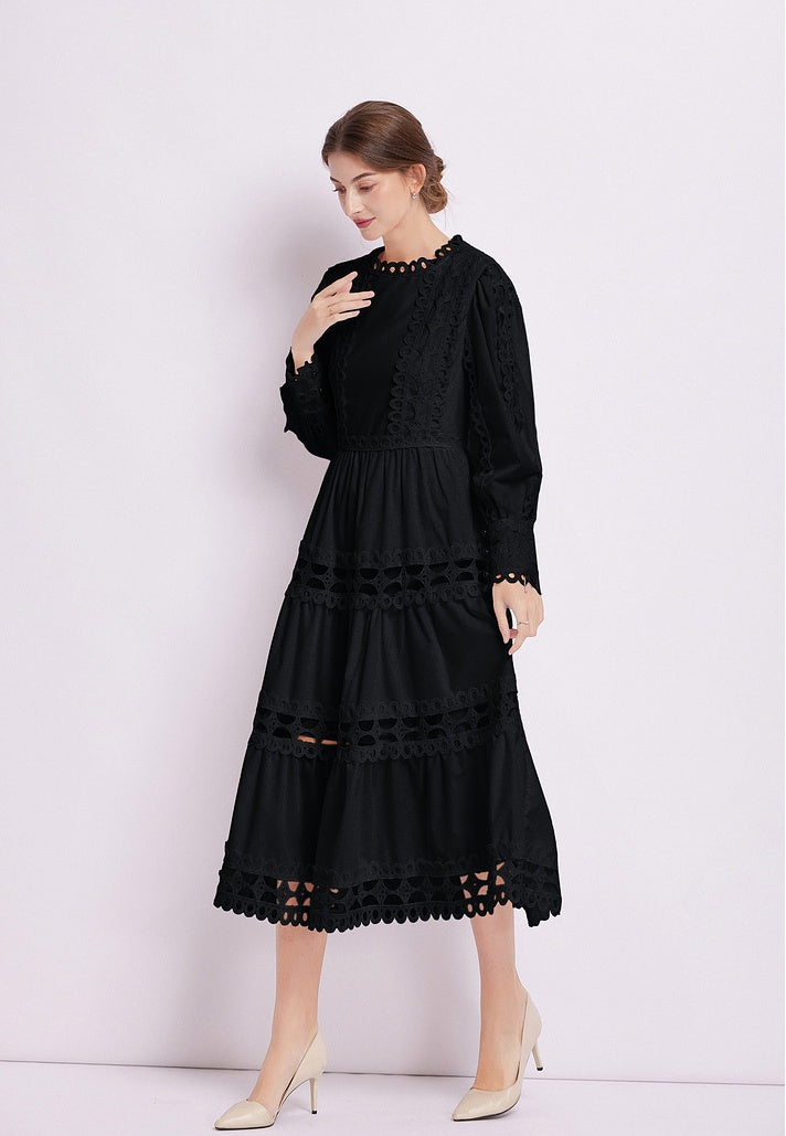 CM-DY082278 Women Elegant European Style Lace Long Sleeve Pinched Waist Dress (Available in 2 colors)