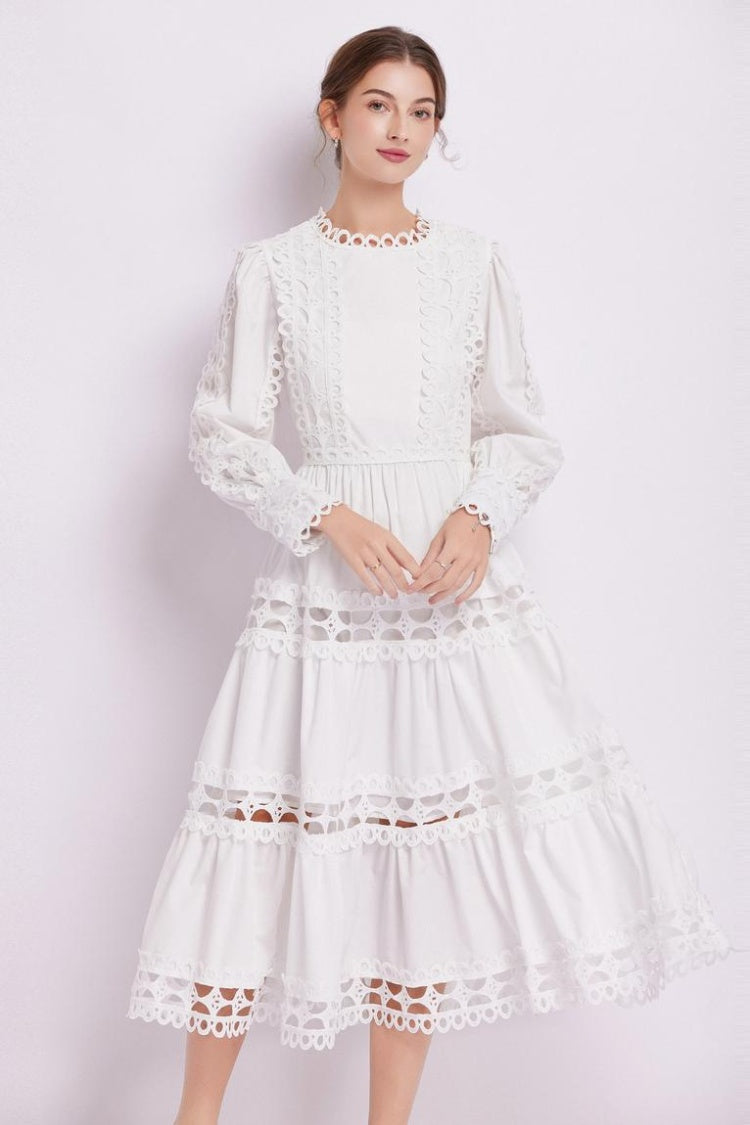 CM-DY082278 Women Elegant European Style Lace Long Sleeve Pinched Waist Dress (Available in 2 colors)
