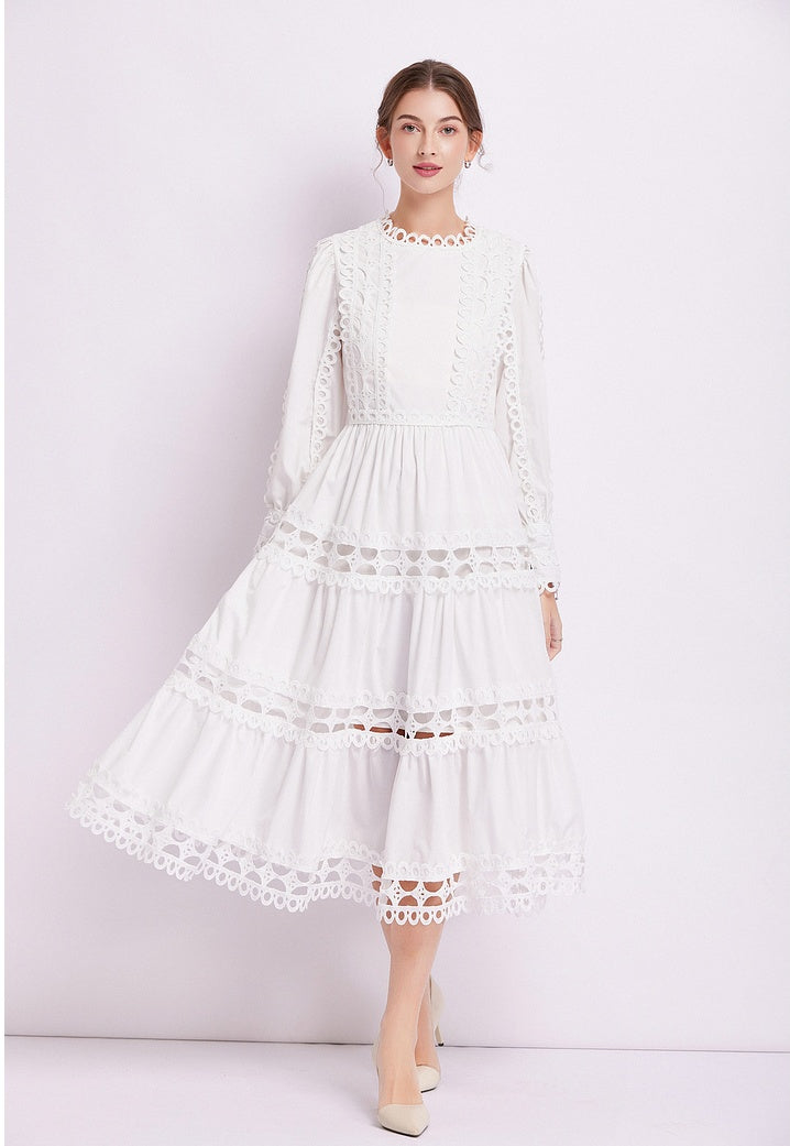 CM-DY082278 Women Elegant European Style Lace Long Sleeve Pinched Waist Dress (Available in 2 colors)