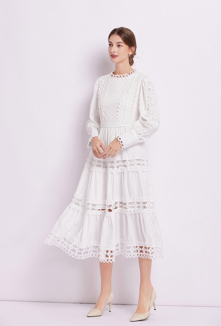 CM-DY082278 Women Elegant European Style Lace Long Sleeve Pinched Waist Dress (Available in 2 colors)