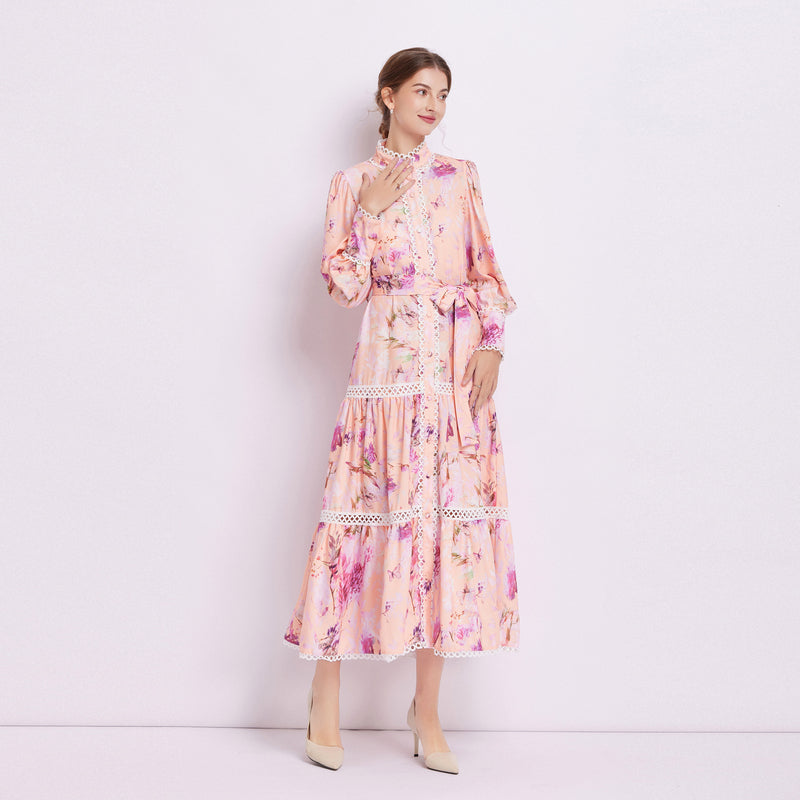 CM-DY082279 Women Elegant European Style Stand Collar Pinched Waist Dress - Pink