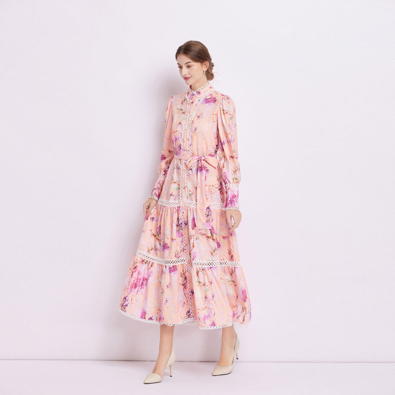 CM-DY082279 Women Elegant European Style Stand Collar Pinched Waist Dress - Pink