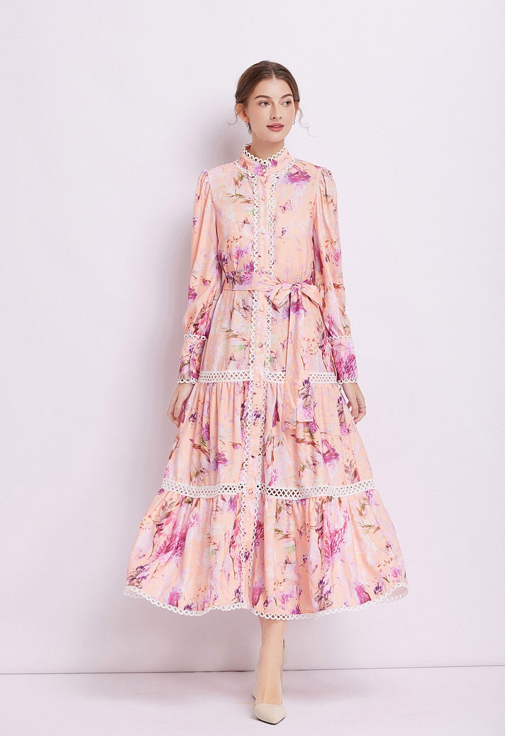 CM-DY082279 Women Elegant European Style Stand Collar Pinched Waist Dress - Pink