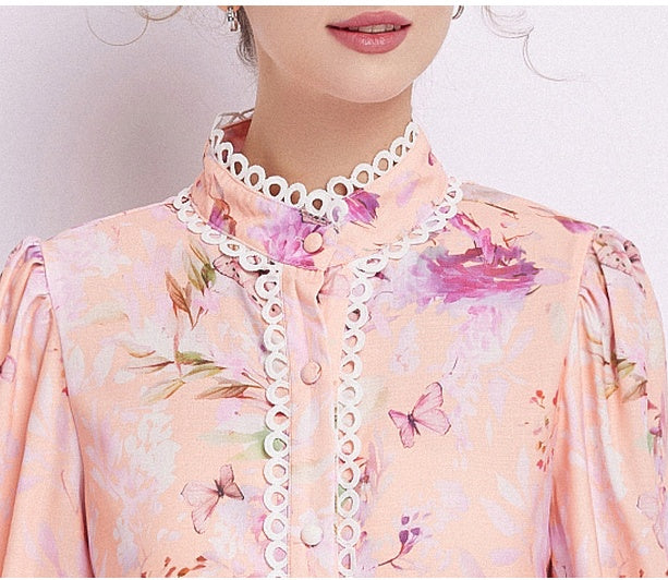 CM-DY082279 Women Elegant European Style Stand Collar Pinched Waist Dress - Pink