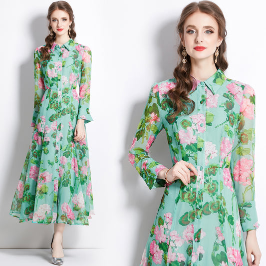 CM-DY082371 Women Elegant European Style Long Sleeve Shirt Collar Single-Breasted Dress