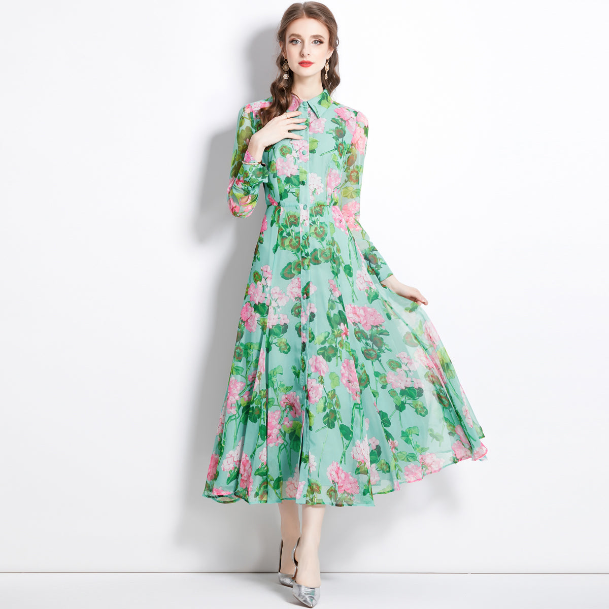 CM-DY082371 Women Elegant European Style Long Sleeve Shirt Collar Single-Breasted Dress