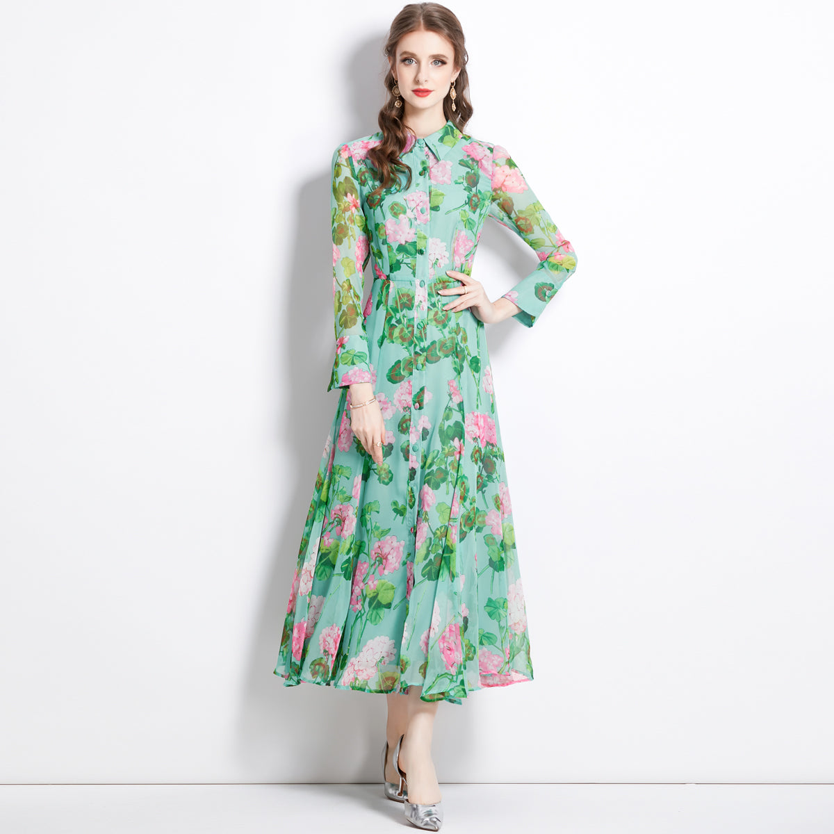 CM-DY082371 Women Elegant European Style Long Sleeve Shirt Collar Single-Breasted Dress