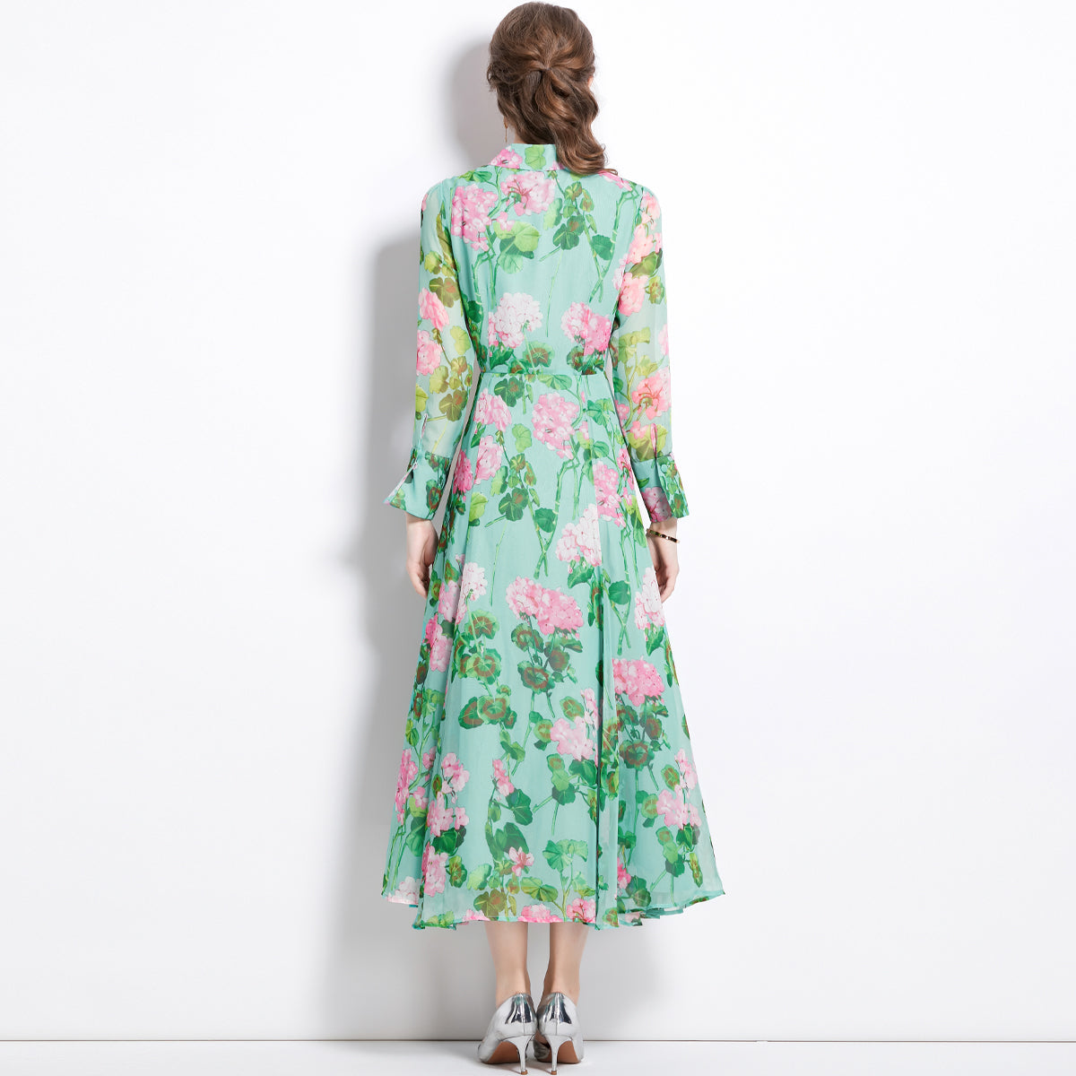 CM-DY082371 Women Elegant European Style Long Sleeve Shirt Collar Single-Breasted Dress