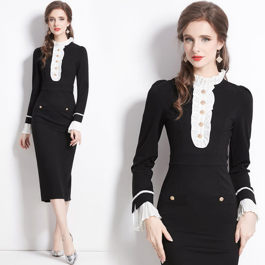 CM-DY082376 Women Vintage European Style Petal Collar Slim Long Dress