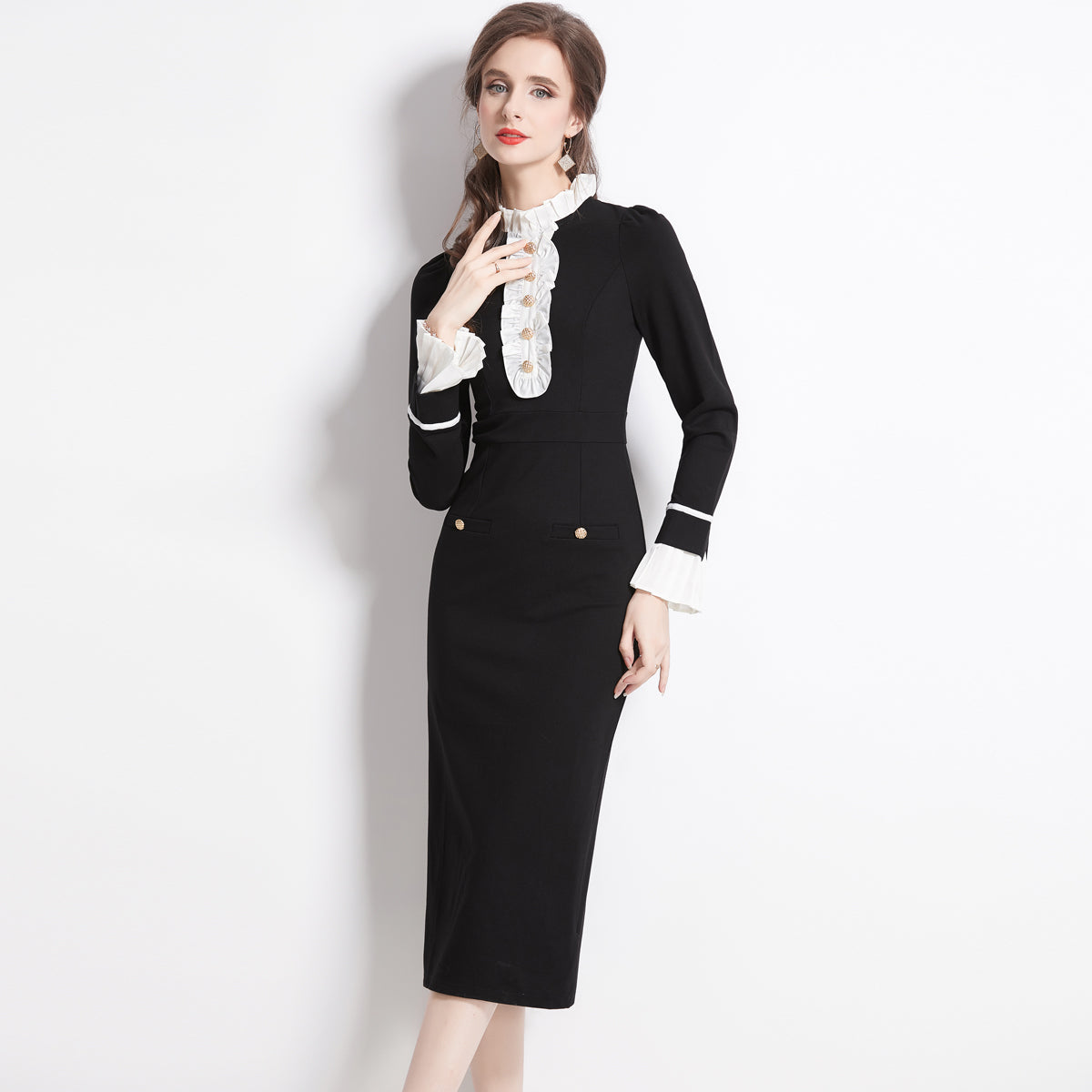 CM-DY082376 Women Vintage European Style Petal Collar Slim Long Dress