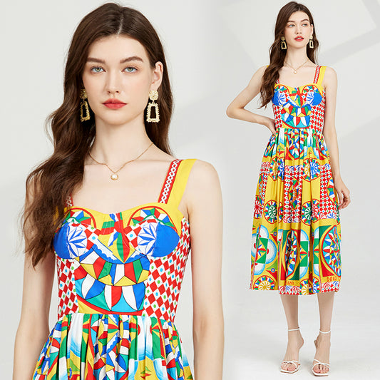 CM-DY082379 Women Casual European Style High Waist Wrapped Sling Dress