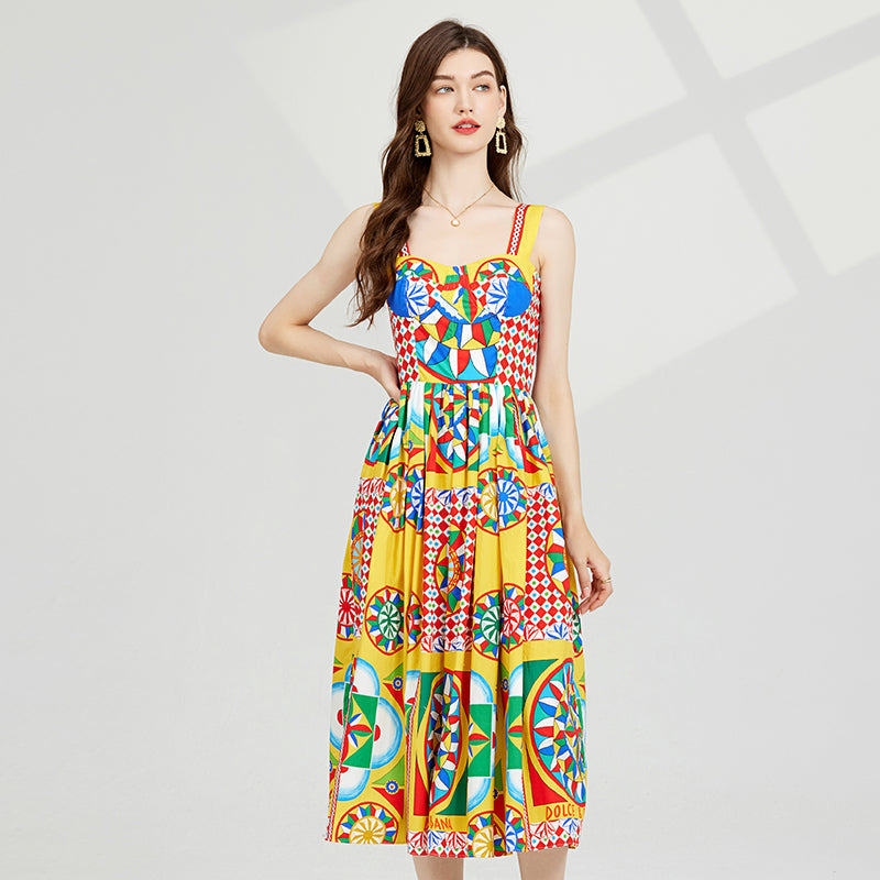 CM-DY082379 Women Casual European Style High Waist Wrapped Sling Dress