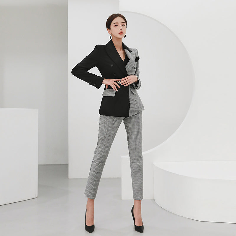 CM-SY082798 Women Elegant Seoul Style Coat Houndstooth High Waist Business Suit