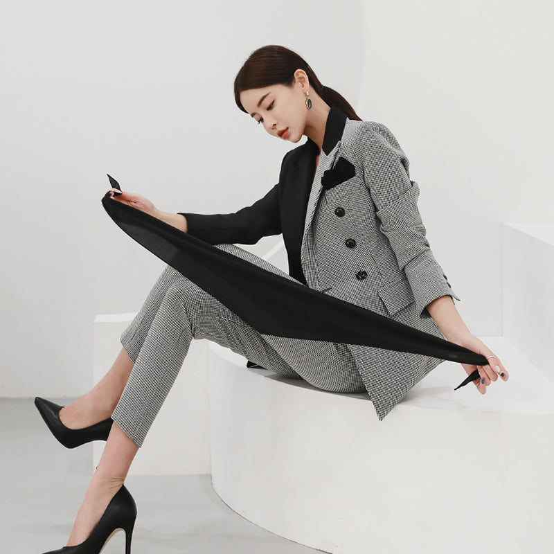 CM-SY082798 Women Elegant Seoul Style Coat Houndstooth High Waist Business Suit