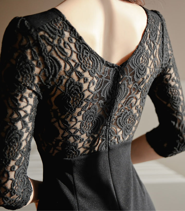 CM-DY082801 Women Elegant Seoul Style Lace Round Neck Pinched Waist Midi Dress