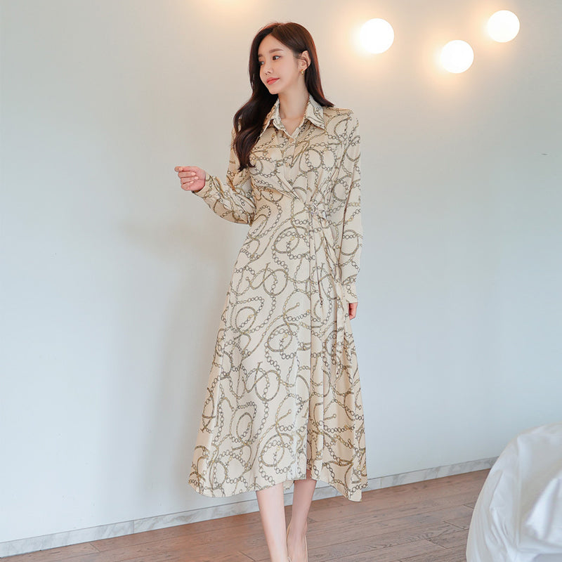 CM-DY082806 Women Casual Seoul Style Chain Printing Long Sleeve Shirt Dress