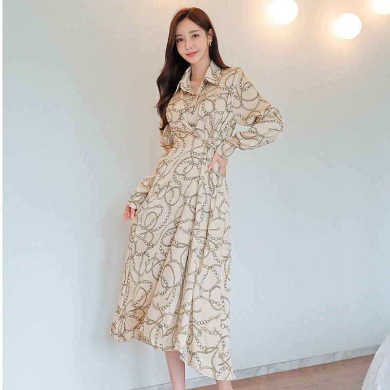 CM-DY082806 Women Casual Seoul Style Chain Printing Long Sleeve Shirt Dress