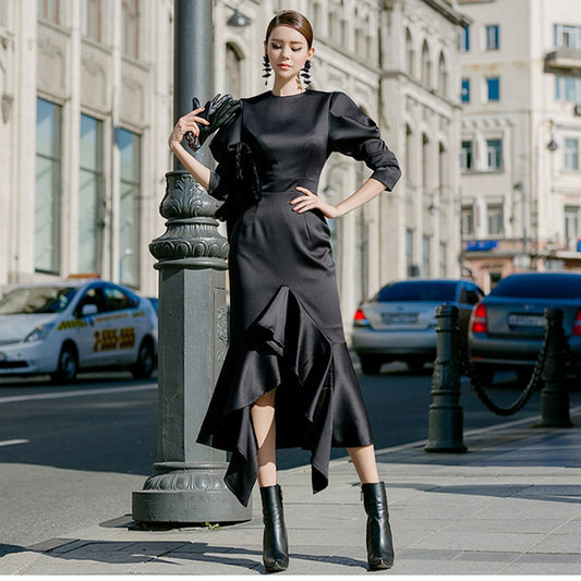 CM-DY082834 Women Elegant Seoul Style Round Neck Lantern Sleeve Slim Mermaid Dress - Black