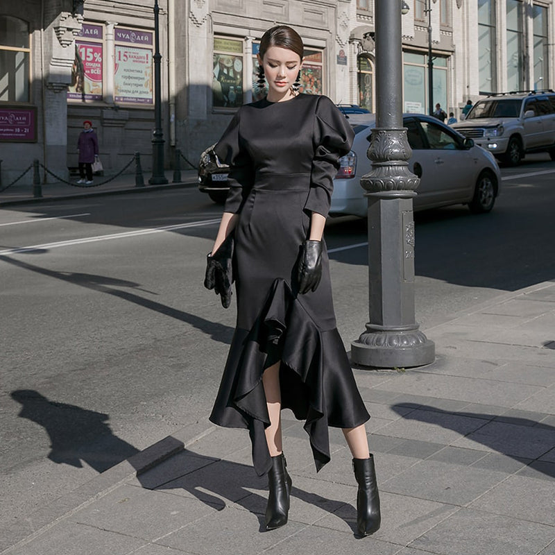 CM-DY082834 Women Elegant Seoul Style Round Neck Lantern Sleeve Slim Mermaid Dress - Black
