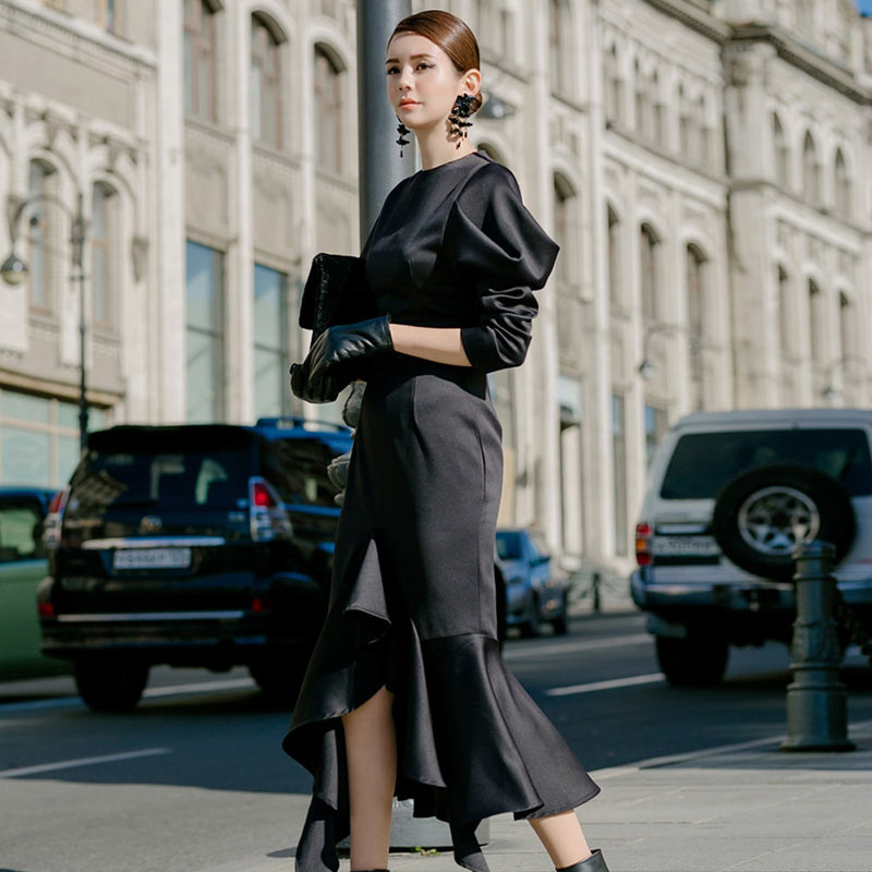 CM-DY082834 Women Elegant Seoul Style Round Neck Lantern Sleeve Slim Mermaid Dress - Black