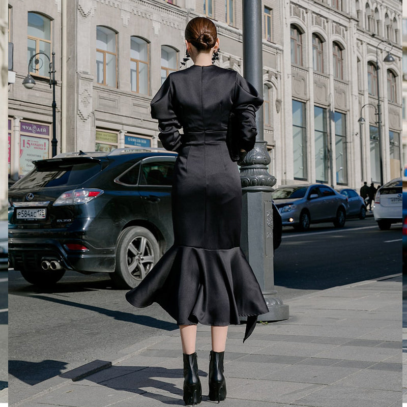 CM-DY082834 Women Elegant Seoul Style Round Neck Lantern Sleeve Slim Mermaid Dress - Black