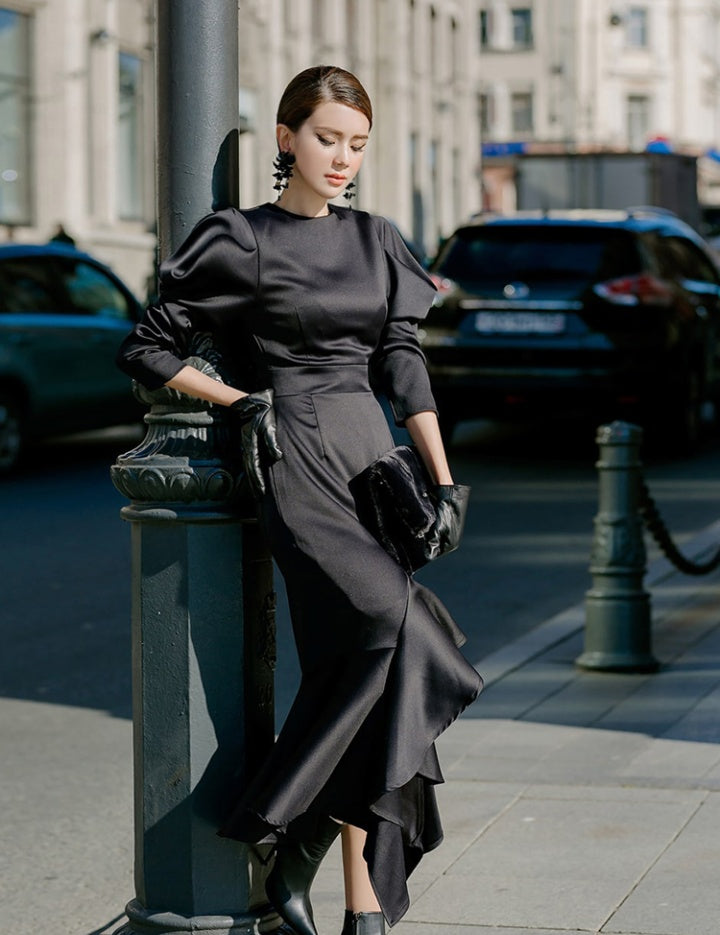CM-DY082834 Women Elegant Seoul Style Round Neck Lantern Sleeve Slim Mermaid Dress - Black