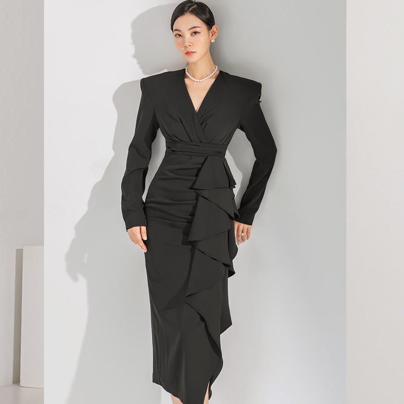 CM-DY082835 Women Elegant Seoul Style V-Neck Long Sleeve Midi Dress - Black