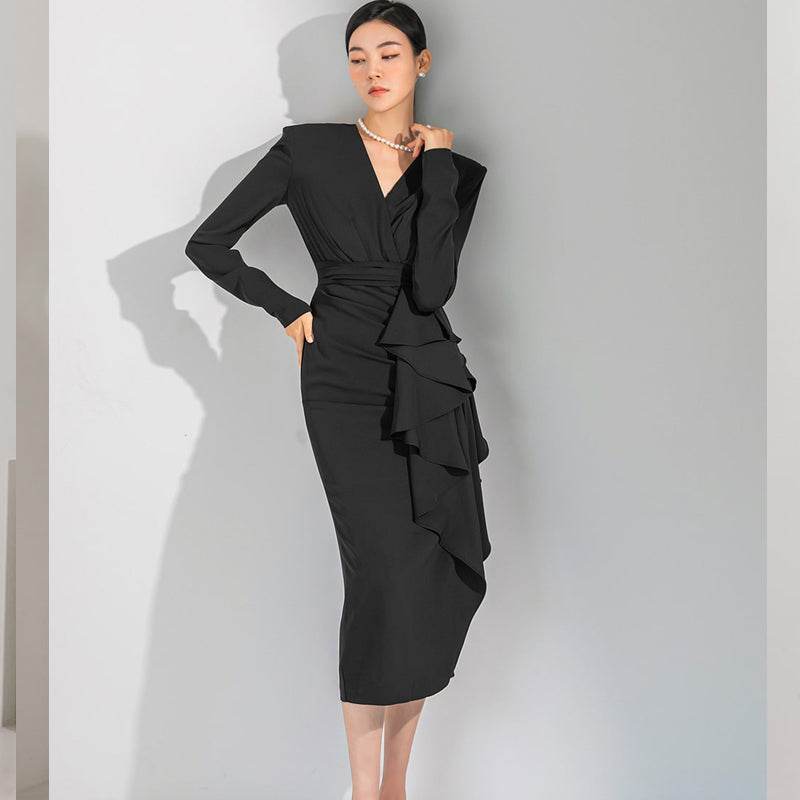CM-DY082835 Women Elegant Seoul Style V-Neck Long Sleeve Midi Dress - Black