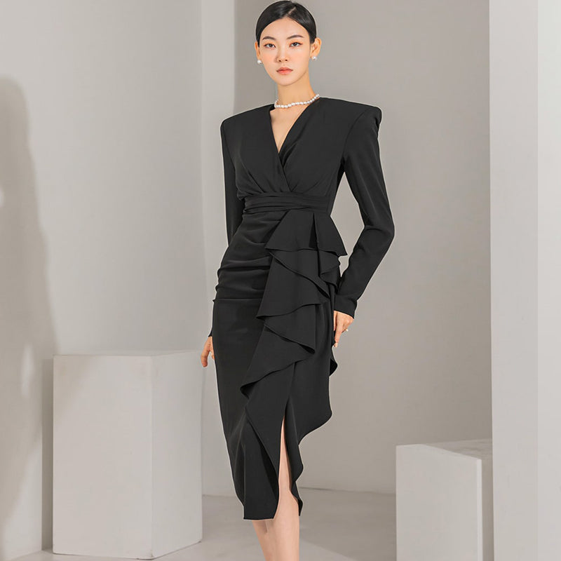 CM-DY082835 Women Elegant Seoul Style V-Neck Long Sleeve Midi Dress - Black