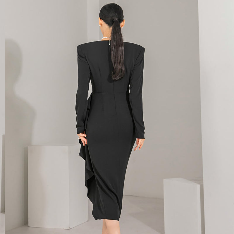 CM-DY082835 Women Elegant Seoul Style V-Neck Long Sleeve Midi Dress - Black