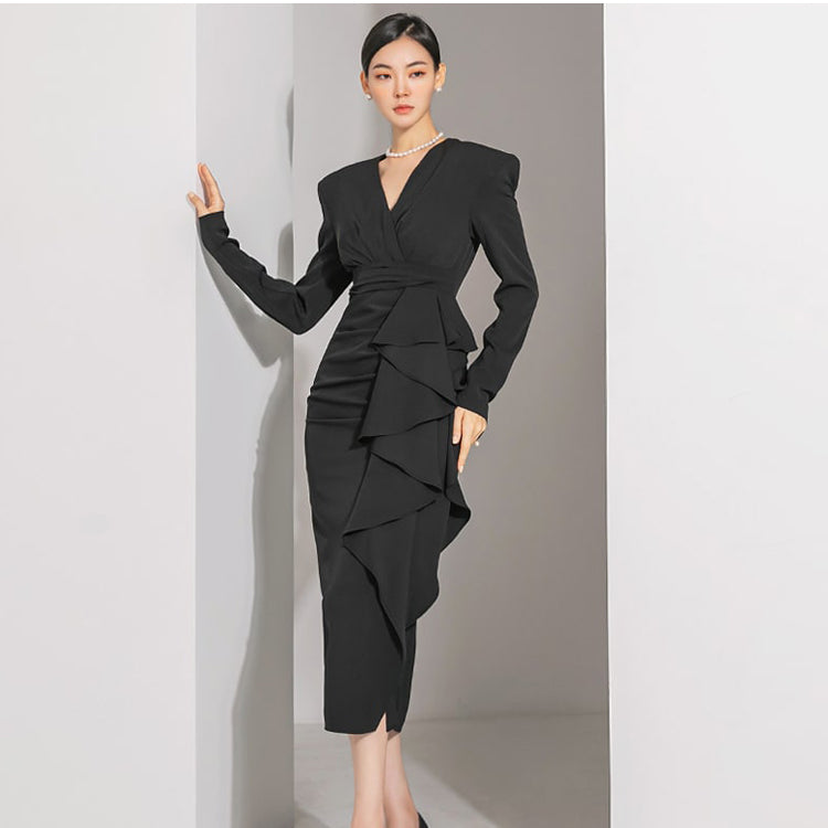 CM-DY082835 Women Elegant Seoul Style V-Neck Long Sleeve Midi Dress - Black