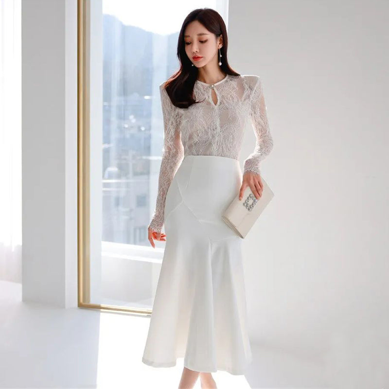 CM-DY082836 Women Elegant Seoul Style Round Neck Long Sleeve Midi Dress - White