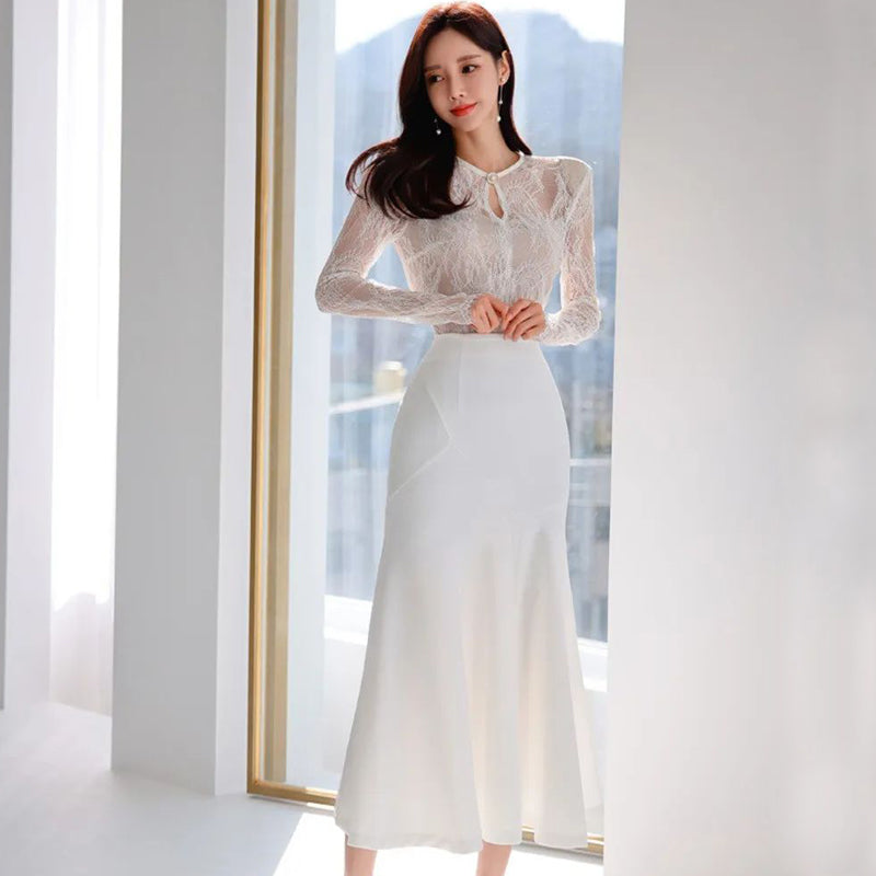 CM-DY082836 Women Elegant Seoul Style Round Neck Long Sleeve Midi Dress - White