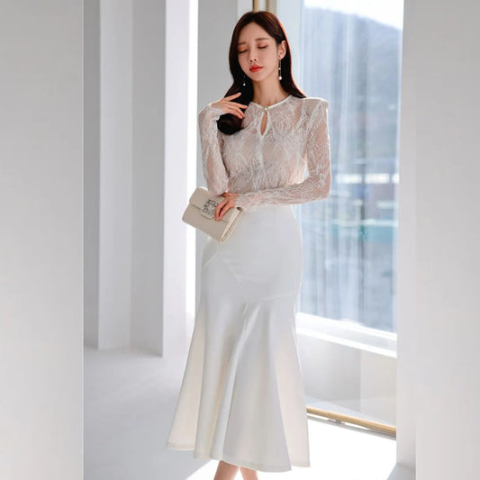 CM-DY082836 Women Elegant Seoul Style Round Neck Long Sleeve Midi Dress - White