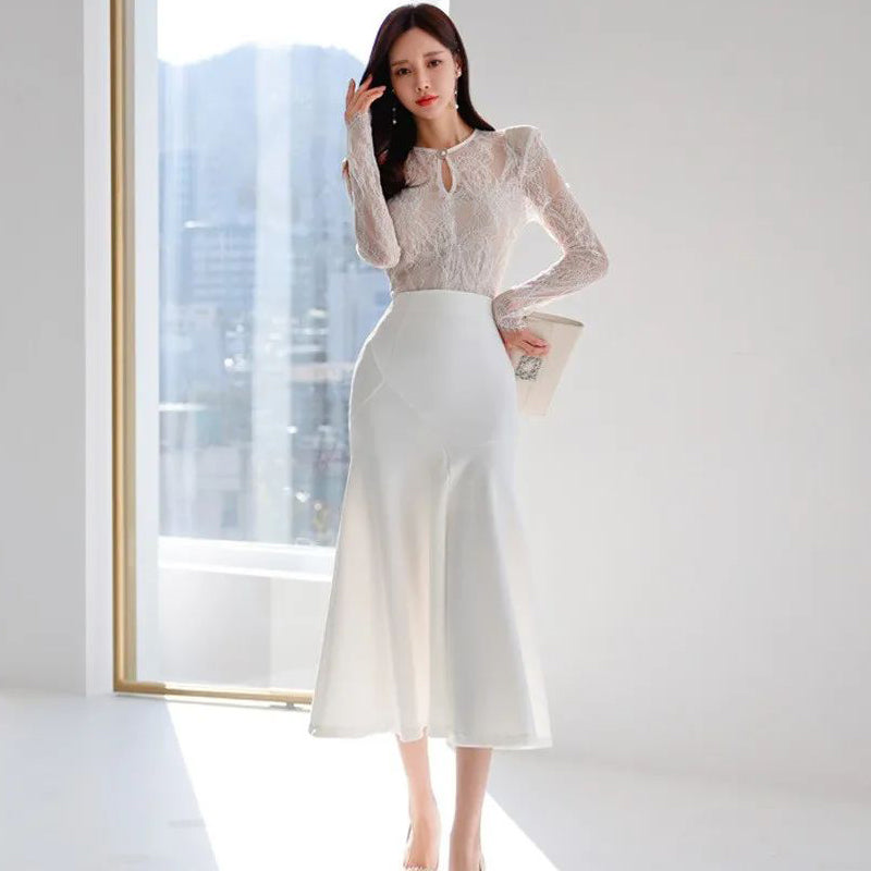 CM-DY082836 Women Elegant Seoul Style Round Neck Long Sleeve Midi Dress - White